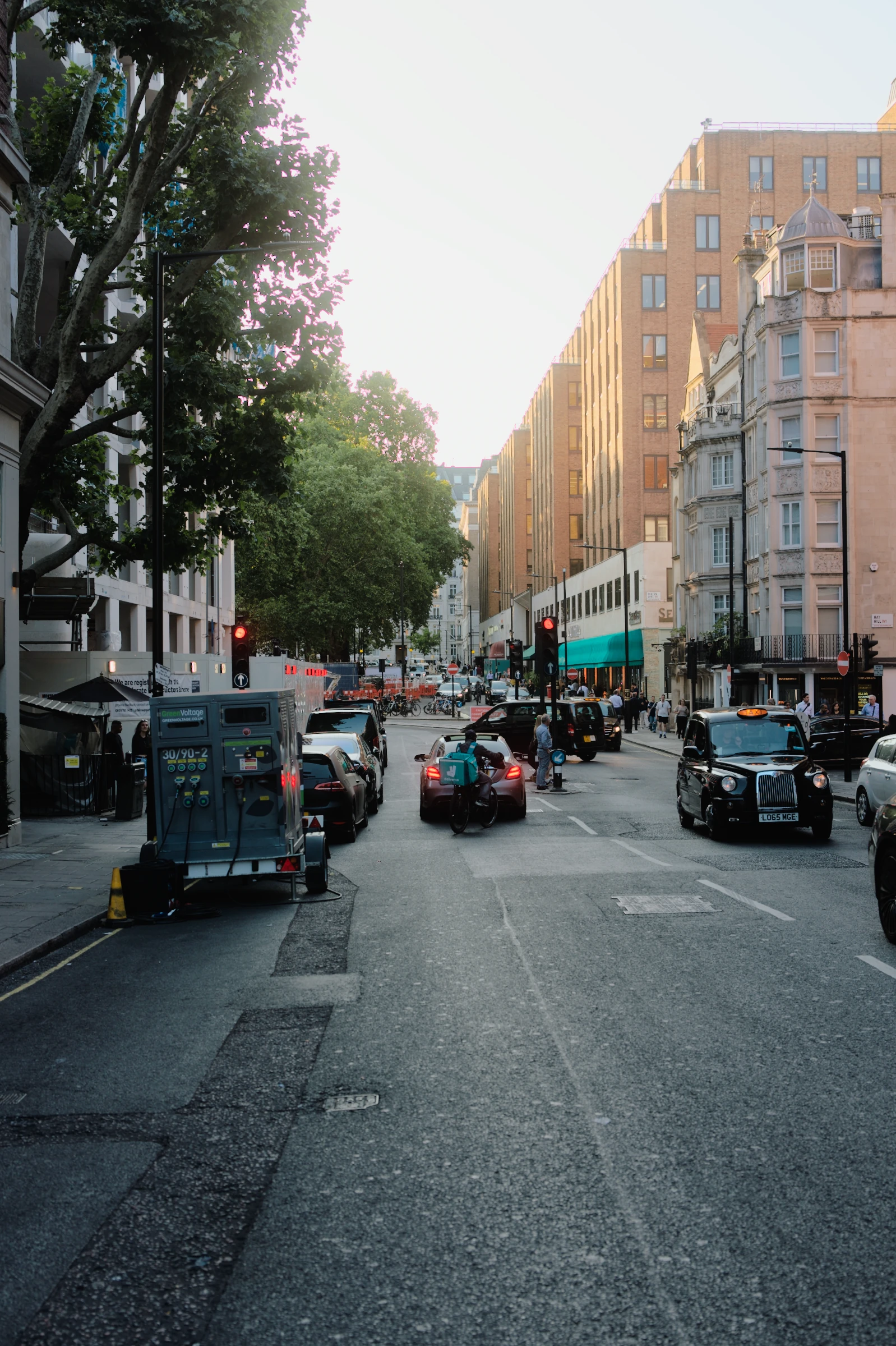 An evening street with deep shadows